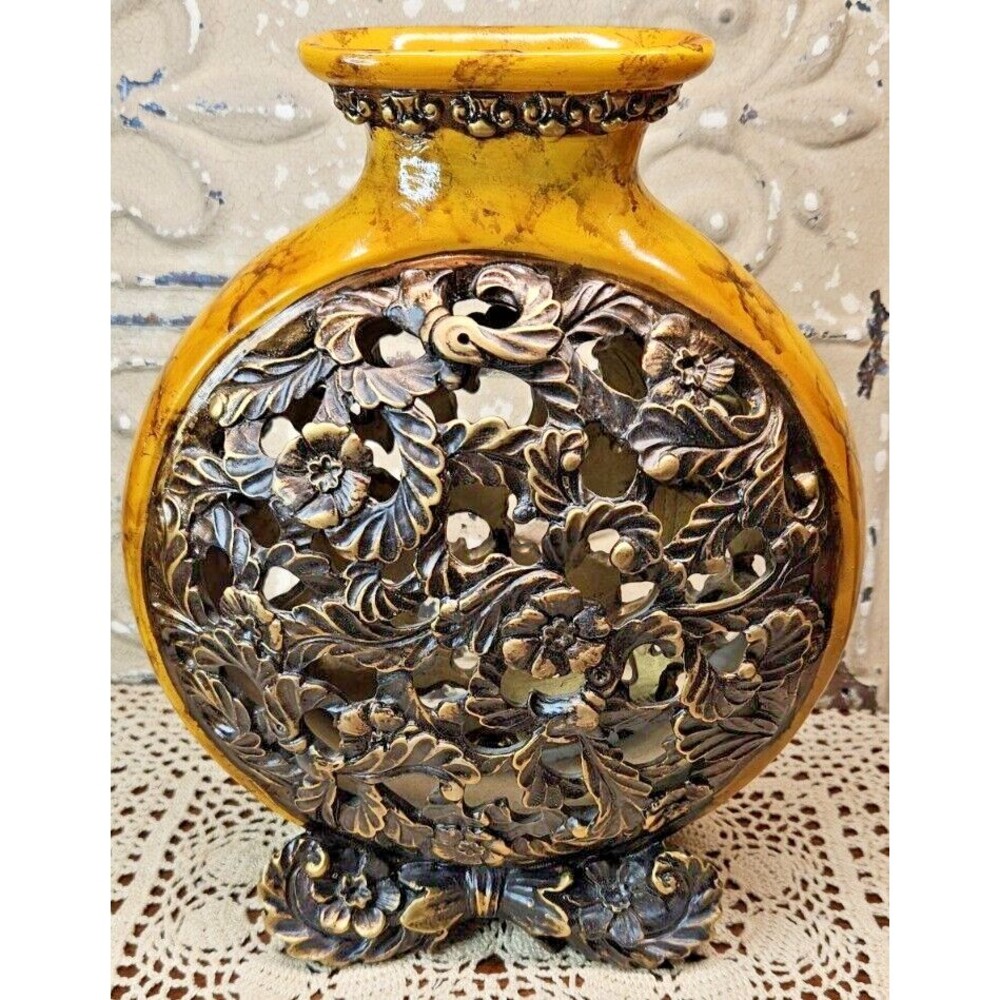 Chrisdon Decorative Vase Vessel Round Ornate Resin Faux Marble Vibrant Yellow